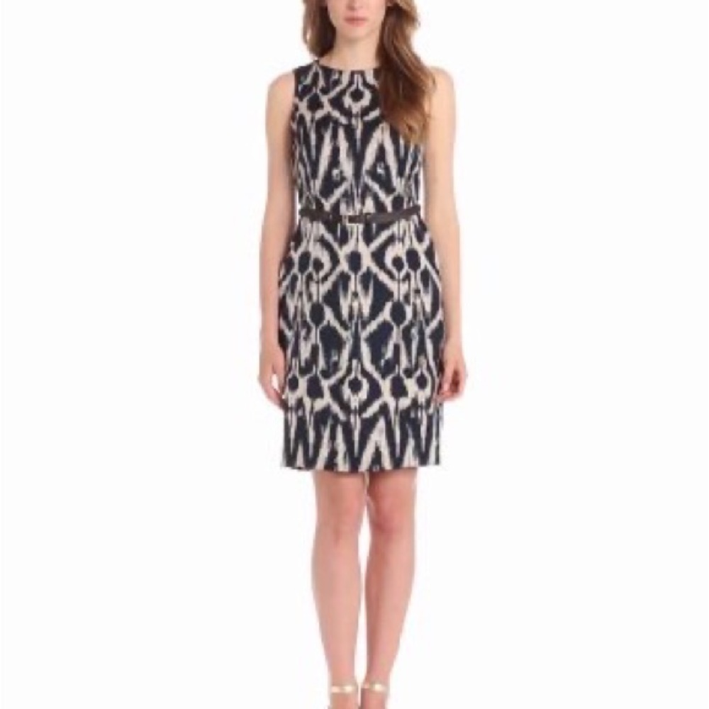 Anne Klein Ikat print belted blue white sheath dress 4
